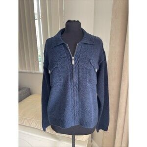 Liz Claiborne XL Silk & Angora Sweater Cardigan Full Zip Front Pockets Blue